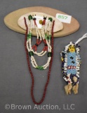 (2) Native American Indian small beaded pieces and (1) shell on stone w/beads piece