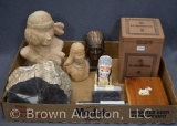 (3) Native American Indian busts incl. St. Louis, MO souvenir bank; wood box w/small animals, pr.