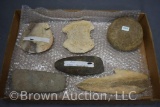 Box lot assortment of Native American Indian artifacts incl. celt, hoe, stones, etc.