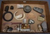 Box lot assortment of Native American Indian artifacts, stone tools, drilled stone bead, etc.
