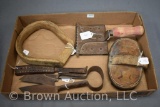 Ox bow stirrup; Horse tools incl. mane shears, mrkd U.S. grooming brush, curry comb; Heller Bros.