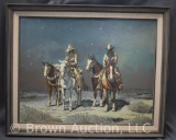 Oil paint of 2 old cowboys and their horses, signed J. Colender (famous Western artist)