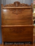 Oak antique bed w/heavy applied decorations and ornate carved crest on head board,