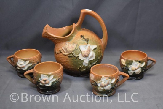 Roseville Magnolia #1327 cider pitcher and (4) 3-3" mugs, brown