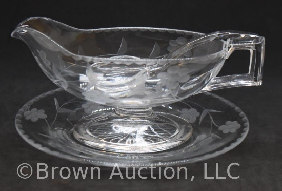 Mrkd. Heisey etched glass condiment bowl with underplate and ladle