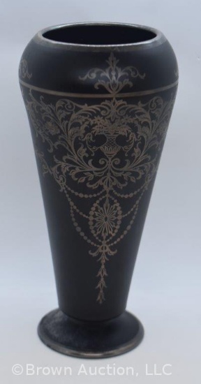 Tiffin black satin glass 11" vase, silver decorated