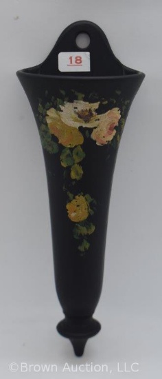 Tiffin black satin glass 9"l wall pocket with painted flowers