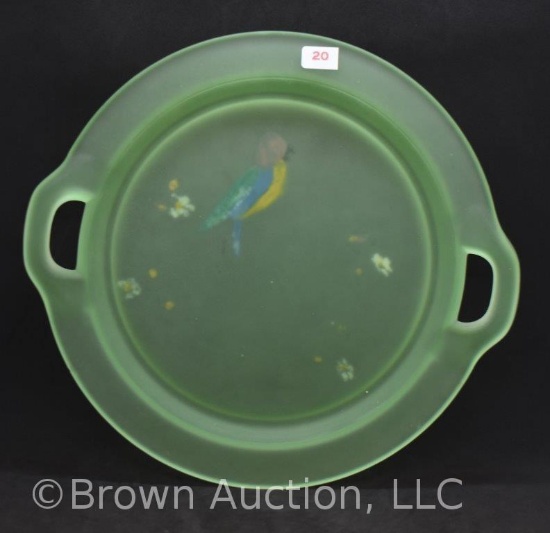 Tiffin green satin glass 11.5"d cake plate with handpainted bird and floral sprays