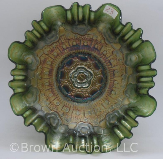 Carnival Glass Fenton Captive Rose 8"d bowl, green