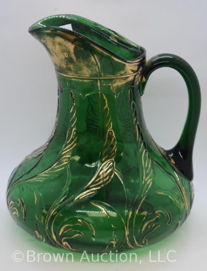 EAPG Dugan Waving Quill 9.5" pitcher, emerald green with gold trim