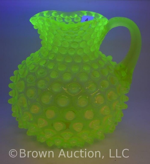Vaseline opalescent glass Hobnail 7" pitcher
