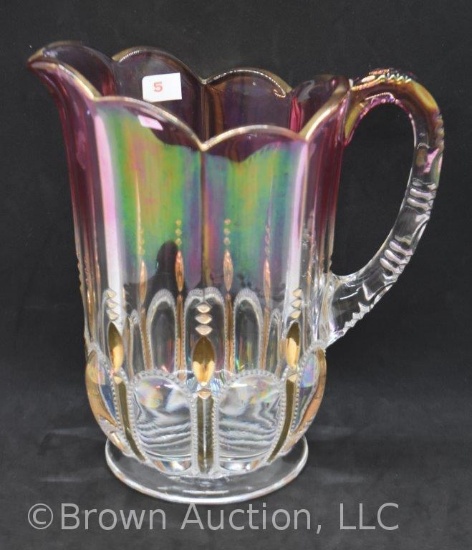 U.S. Glass Co. Paneled Jewel 8" pitcher, clear to rose with gold trim