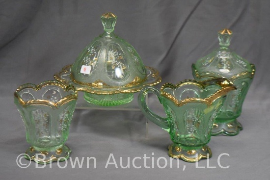 Dugan Glass Beaded Oval in Sand 4 pc. table set, lt. green with handpainted flowers