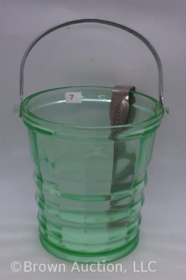 Green depression glass ice bucket with tongs