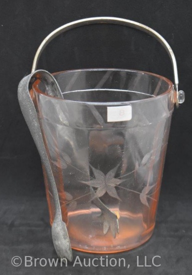 Pink depression glass Paneled ice bucket with tongs, copper wheel etching
