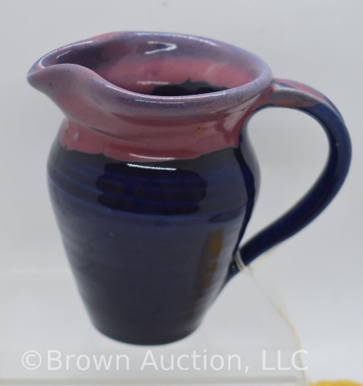 Van Briggle 5"h pitcher, unusual cobalt with rose overlay