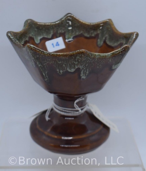 Van Briggle 5"h compote, glossy brown with drip glaze