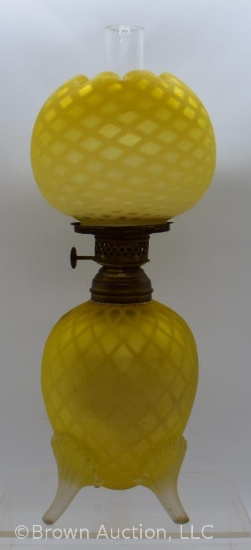 Victorian Diamond Quilted Mother of Pearl yellow satin glass miniature oil lamp
