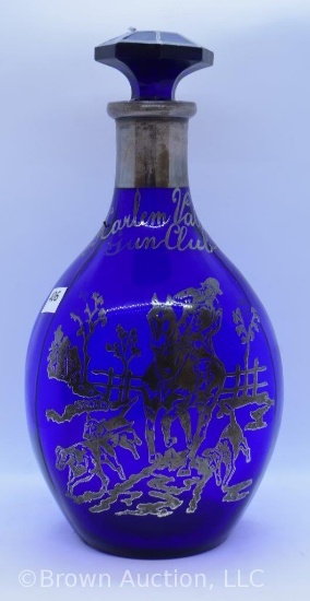 "Harlem Valley Gun Club" 9.5"h decanter with mrkd. Sterling silver overlay hunting scene