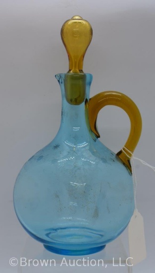 Blue crystal etched glass cruet with amber handle and stopper