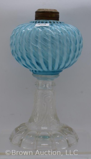 Blue opalescent Sheldon Swirl kerosene lamp font with colorless base