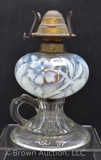White opalescent kerosene finger lamp, Daffodil pattern