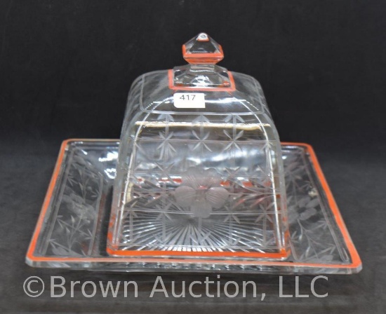 Mrkd. Heisey square cov. butter dish, etched pattern with orange rim coloring