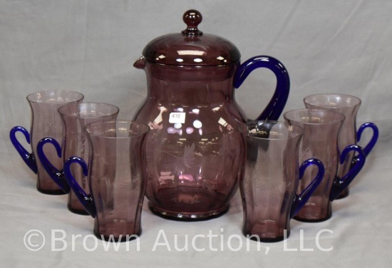 Art Glass 7 pc. water set, amethyst with blue applied handles