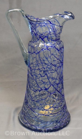 Bohemian Peloton glass 13" pitcher, clear with cobalt threads