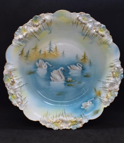 R.S. Prussia Icicle Mold 10.25"d bowl, Swans on the Lake