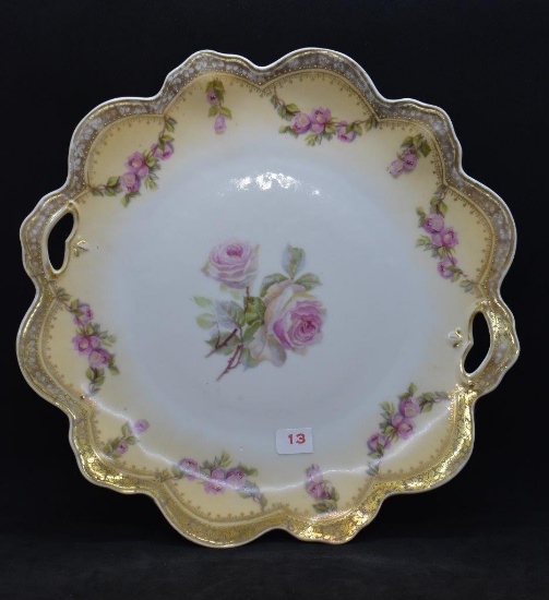 R.S. Prussia Mold 327 10"d cake plate, pink roses, red mark