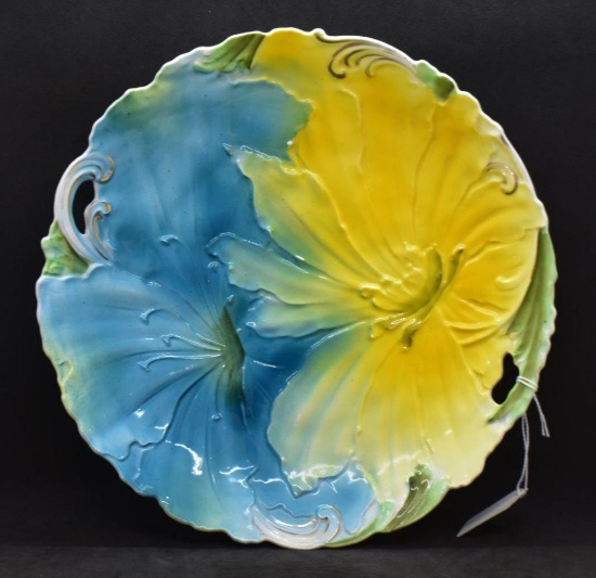Mrkd. Germany Saxe Altenburg 10.5"d cake plate, 2 large embossed flowers