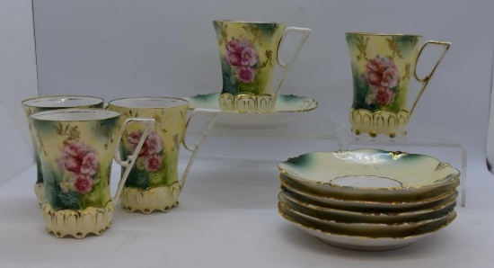 (5) R.S. Prussia Mold 632 3"h cups and saucers, pink poppies, red mark
