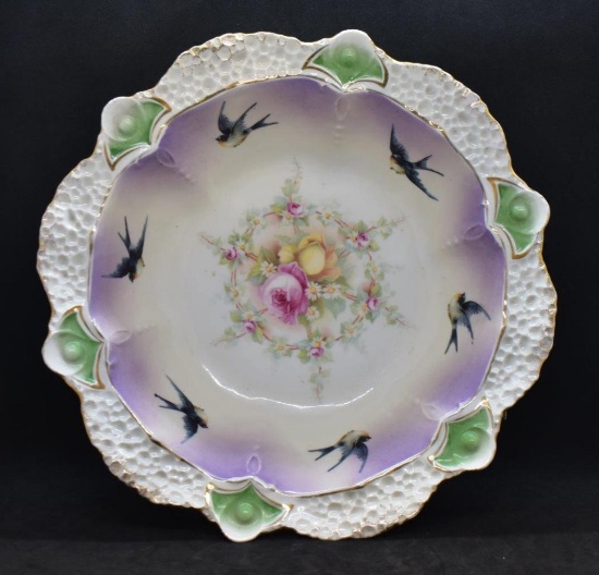 R.S. Prussia 11"d bowl, Swallows and floral center, red mark