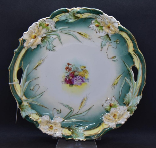 Handpainted porcelain 10.5"d cake plate w/ floral and wheat border mold, circle mold mark