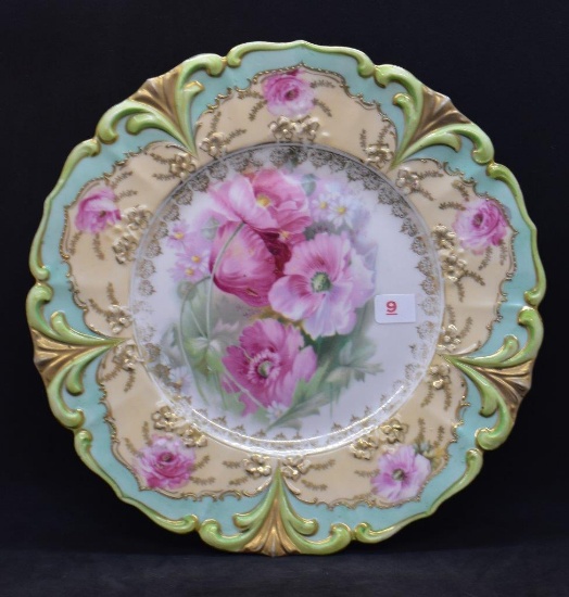 R.S. Prussia Mold 302 9"d plate, pink poppies, red mark