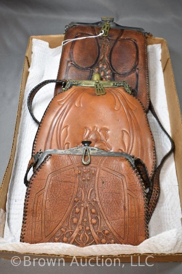 (3) Hand tooled Art Nouveau leather purses - (1) Embo, (1) patented 1915