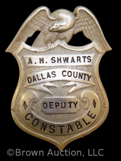 Lawman badge w/ eagle top shield, "A.H. Shwarts/ Deputy Constable/ Dallas Co., MO";