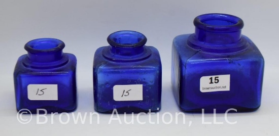 (3) Cobalt glass inkwells, square shape in three sizes