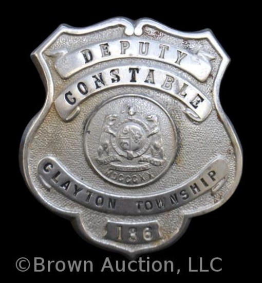 Lawman shield badge, "Deputy Constable, Clayton Township/ 136", Missouri state seal