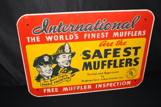 INTERNATIONAL MUFFLERS POLICE FIREMAN TIN SIGN