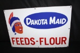 PORCELAIN DAKOTA MAID FEEDS & FLOUR SIGN