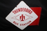RARE PORCELAIN THUNDERBIRD BUS STATION FLANGE SIGN
