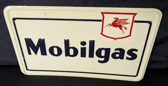 EMBOSSED TIN GAS PUMP SIGN MOBIL MOBILGAS