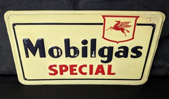 EMBOSSED TIN GAS PUMP SIGN MOBIL MOBILGAS SPECIAL