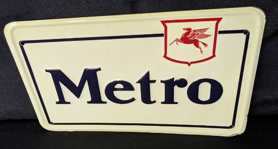 EMBOSSED TIN GAS PUMP SIGN MOBIL MOBILGAS METRO