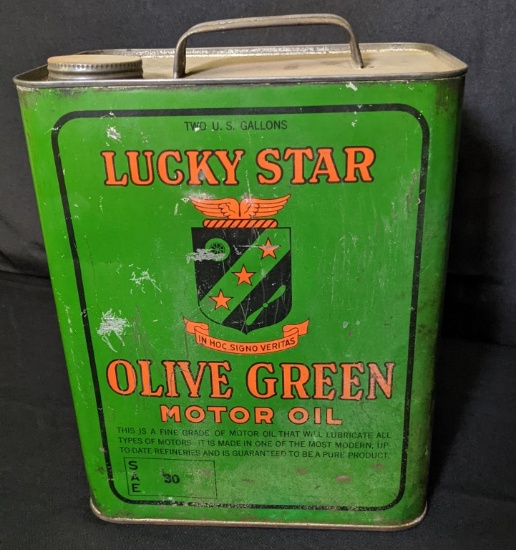 2 GAL OIL CAN LUCKY STAR OLIVE GREEN MOTOR OIL