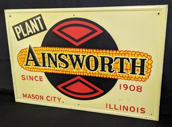 EMBOSSED TIN SIGN AINSWORTH SEED CORN MASON CITY