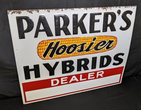 EMBOSSED TIN SIGN PARKERS HOOSIER HYBRID SEED CORN