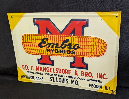 EMBOSSED TIN SIGN EMBRO HYBRID SEED CORN